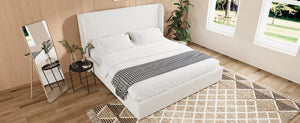 English Elm Queen Boucle Upholstered Wingback Bed Solid Wood Slats Cozy Bedroom Anchor W1670S00029