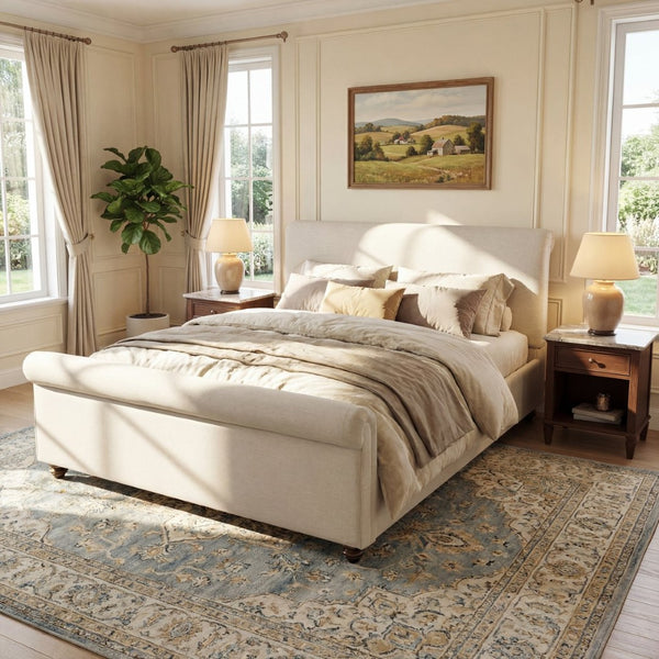 English Elm Queen Linen Upholstered Bed Frame Thick Rolled Headboard Solid Rubberwood Legs Bedroom Beige N757Q384827I