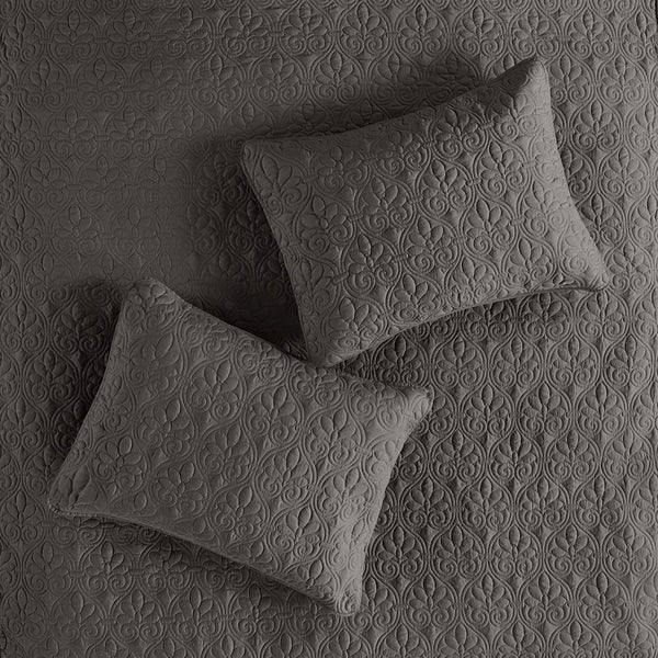 English Elm 3 Piece Madison Park Quebec Quilted Bedspread Set Dark Grey Queen – Pleated Split Corners, Antimicrobial Protection, 24" Drop Elegance B03597559