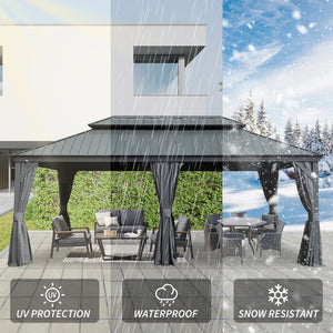 English Elm 14' X 24' Hardtop Gazebo - Durable Metal Canopy With Drainage, Insect Protection, And Privacy Curtains W1859S00155
