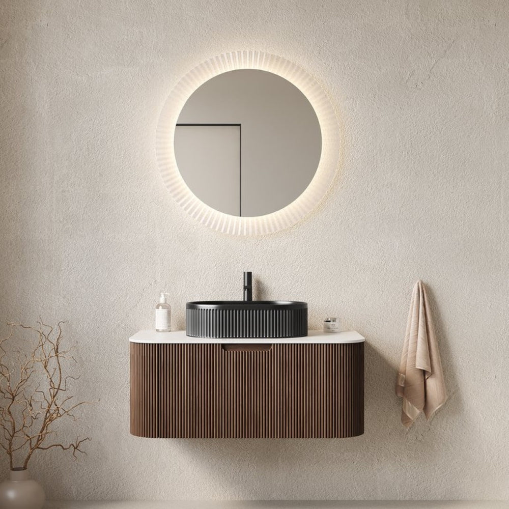 English Elm Dina Floating Bathroom Vanity Sintered Stone Top Glass Basin Striped Plywood Cabinet W2615S00421