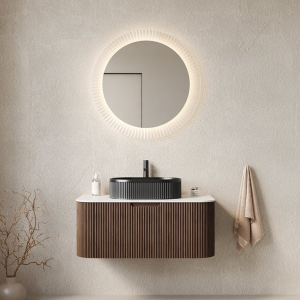 English Elm Dina Floating Bathroom Vanity Sintered Stone Top Glass Basin Striped Plywood Cabinet W2615S00202