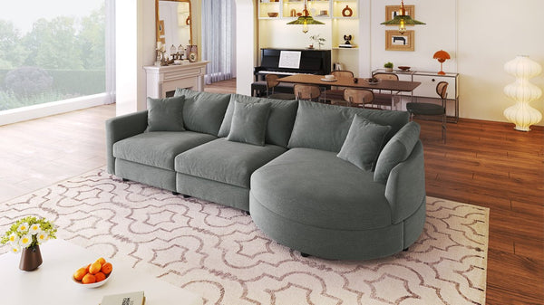 English Elm U_style Chenille Sectional Sofa with Curved Chaise Pine Frame and Three Accent Pillows Grey WY000461AAE