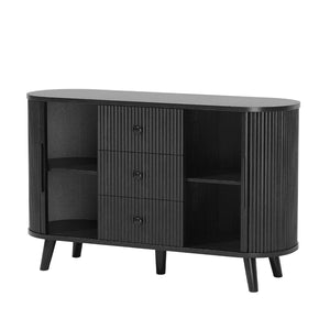 English Elm Sideboard Fluted Credenza with Three Drawers Two Doors Matte Black Modern Storage Black T3773P417309