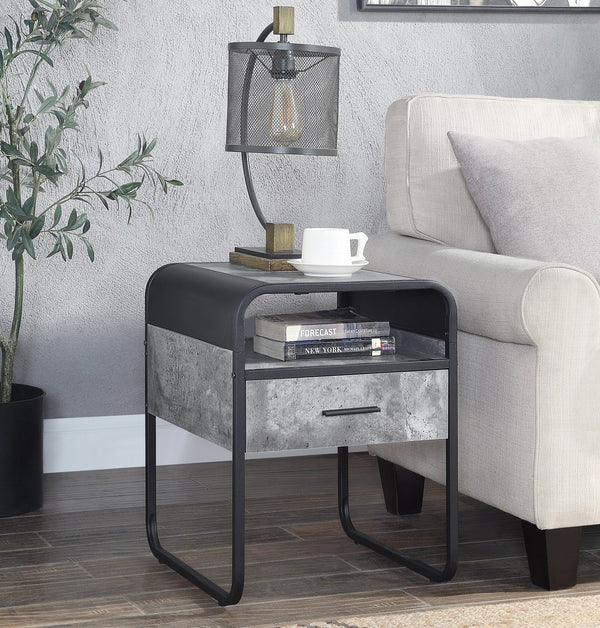 English Elm Modern Minimalist End Table With Drawer & Open Shelf - Sleek Black Metal Frame & Faux Concrete Top B2741P337032