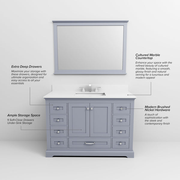 English Elm Dark Grey Single Bath Vanity 48 in W x 22 in D with Cultured Marble Top, Chrome Faucet & 46 in Mirror B2731S01292