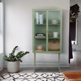 English Elm Mint Green Tall Freestanding Display Cupboard Stylish Fluted Glass Storage Cabinet With Glass Doors Three Detachable Shelves Bottom Space For Office Dining Room Living Room Bedside (Old Sku:W68743736)