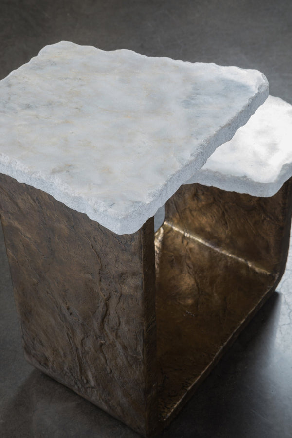 Lexington Artistica Home Contango Organic Tiered Spot Table - Unique Live-edge Marble & Patinized Bronze Design For Home Decor Dark Brown Wood 2340-950