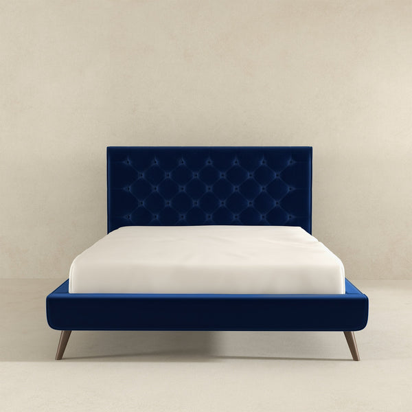 English Elm Ashcroft Furniture - Dillon Elegant Blue Velvet Platform Bed - Mid-Century Modern Design With No-Box-Spring Required B183S00080