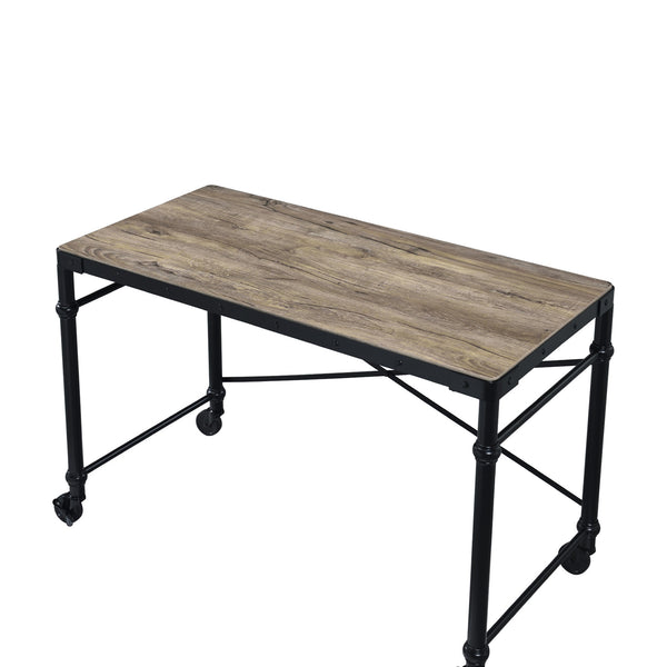 English Elm Rectangular Rustic Oak Writing Desk with Nailhead Trim, Black Metal Frame & Rolling Legs for Mobile Workspaces B016P317523