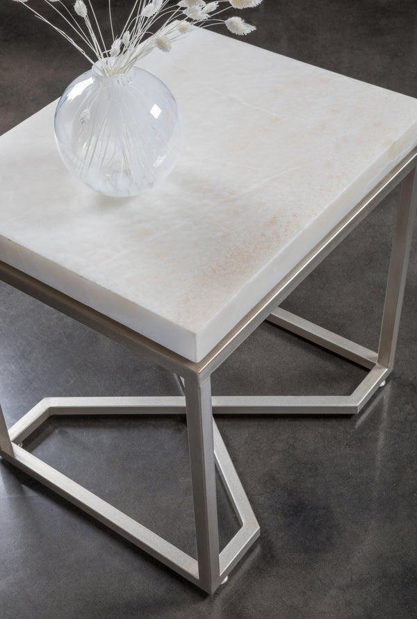 Lexington Artistica Home Vara Stunning Rectangular End Table With Solid White Onyx Top And Unique Champagne Silver Leaf Base Champagne Wood 2341-955