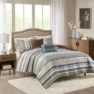 JLA Home Madison Park - 5 Piece Reversible Jacquard Quilt Set with Chocolate Brown Leaf, Stripe & Medallion Motifs, Luxury Texture Blue MP13-613