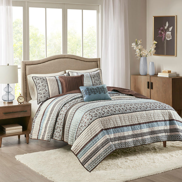 JLA Home Madison Park - 5 Piece Reversible Jacquard Quilt Set with Chocolate Brown Leaf, Stripe & Medallion Motifs, Luxury Texture Blue MP13-613