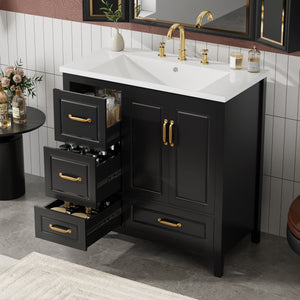 English Elm Christopher Knight Home® - 36" Freestanding Bathroom Vanity with Resin Sink, Soft-Close Doors & Drawers, Gold Alloy Handles, Spacious Storage and Easy Plumbing Access Black N759P292552B