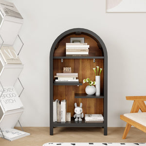 English Elm 4-tier Arched Freestanding Bookcase with Lattice Doors Open Display and Cabinet Storage W3123P485378