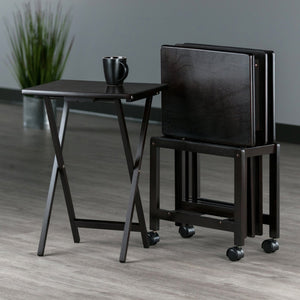 Winsome Wood Allen 5-piece Snack Table Set With Rolling Rack - Perfect For Parties & Movie Nights, Rich Coffee Finish Coffee Solid Wood 23420-winsome-wood