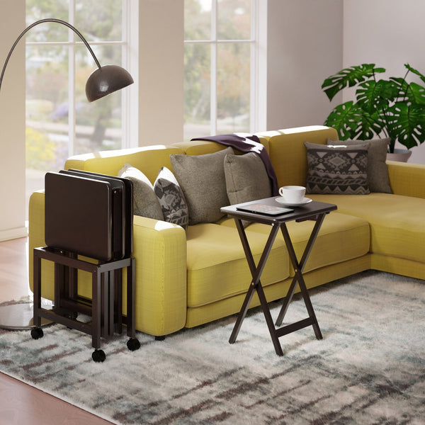 Winsome Wood Allen 5-piece Snack Table Set With Rolling Rack - Perfect For Parties & Movie Nights, Rich Coffee Finish Coffee Solid Wood 23420-winsome-wood