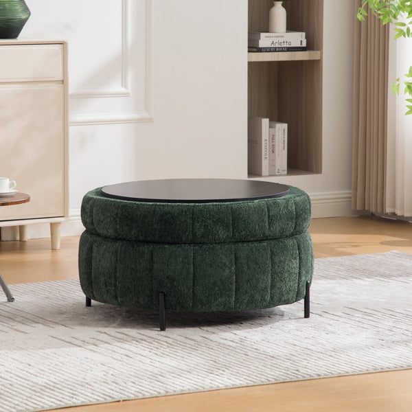 English Elm 31.3"w Chenille Channel Tufted Round Storage Ottoman Sculptural Pumpkin Seat for Any Room Green W3118P439478