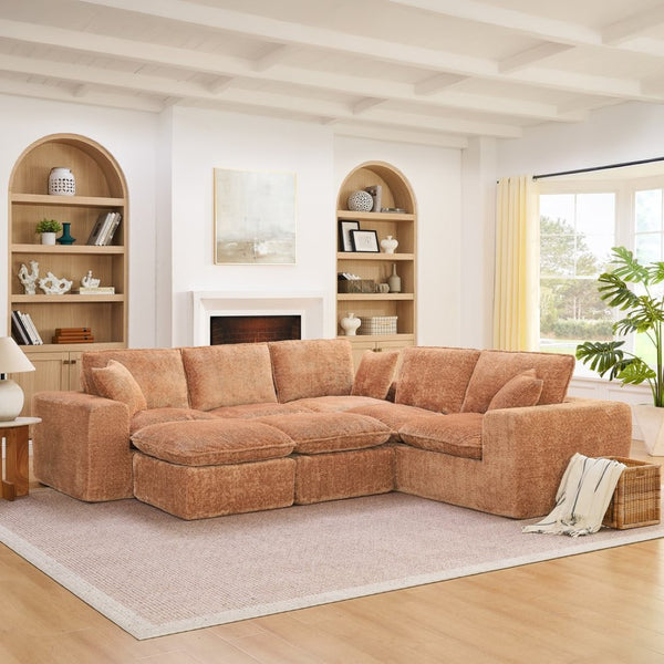 English Elm 107'' Boucle Modular Sectional with Reversible Chaise and Two Ottomans for Living Room Orange W1413S00169