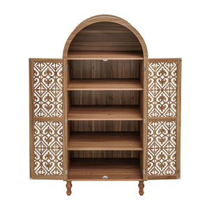 English Elm 70.28" Tall Walnut Pantry Cabinet Lattice Carved Doors Adjustable Shelves Two Drawers W688P303382