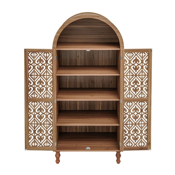 English Elm 70.28" Tall Walnut Pantry Cabinet Lattice Carved Doors Adjustable Shelves Two Drawers W688P303382