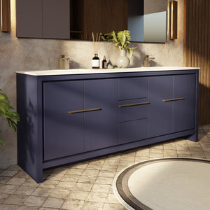 English Elm Navy Double Bath Vanity 80" W With White Quartz Top & 70" Mirror - Elegant Storage Solution! B2731S01504