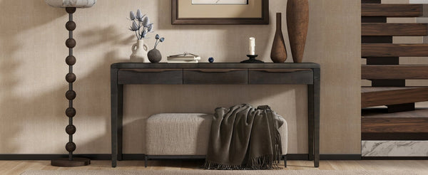 English Elm U_style Oak Veneer Console Table with Three Wave Drawers for Entryway or Foyer Black N711P401926B