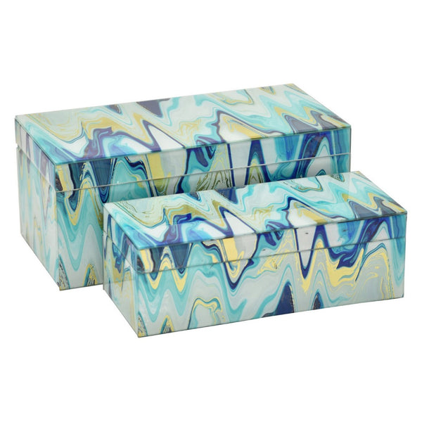 English Elm Jenny Marbled Glass Decorative Box Set Teal Abstract Swirl Vanity Desk Accent B056P416935