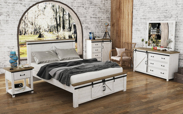 Lh Imports Provence King Bed - Stylish Fsc Recycled Pine Design With Durable Metal Support And Barn Doors White,Brown Reclaimed Pine,Iron Pvn001ks
