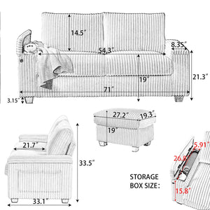 English Elm 71" Loveseat Dark Grey Corduroy Sofa with USB Port, Built-In Armrest Storage & Durable Frame W542P210622