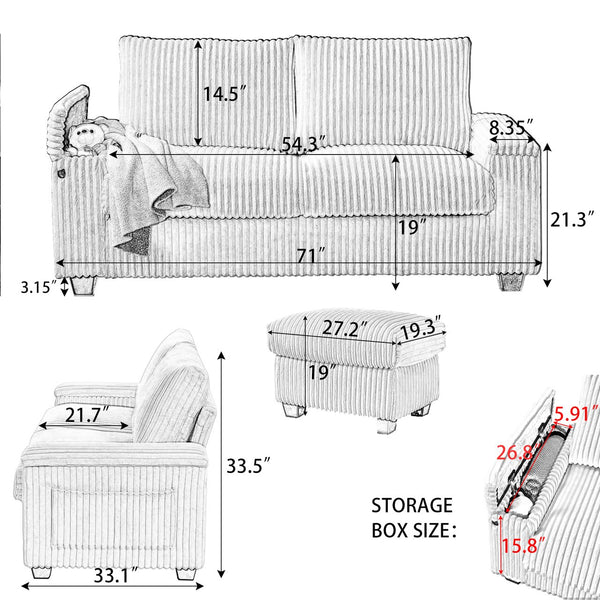 English Elm 71" Loveseat Dark Grey Corduroy Sofa with USB Port, Built-In Armrest Storage & Durable Frame W542P210622
