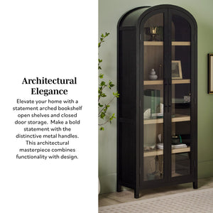 English Elm Walker Edison - Modern 5 Shelf Arched Tall Bookcase with Tempered Glass Doors, MDF Durability, Sleek Metal Handles, Showcase Pieces in Living and Office Spaces Black 72.31 L x 19.01 W x 15 H B185S00024
