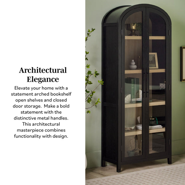 English Elm Walker Edison - Modern 5 Shelf Arched Tall Bookcase with Tempered Glass Doors, MDF Durability, Sleek Metal Handles, Showcase Pieces in Living and Office Spaces Black 72.31 L x 19.01 W x 15 H B185S00024