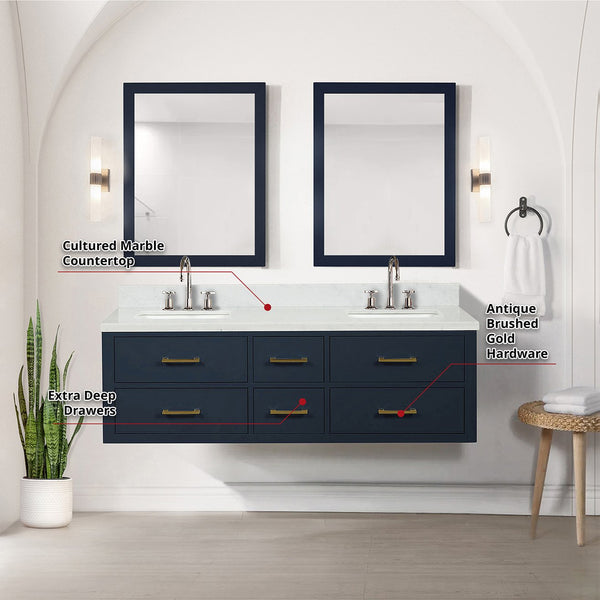 English Elm Blue Double Bath Vanity Set With Cultured Marble Top, Chrome Faucets & Elegant 28" Mirrors Included B2731S01824