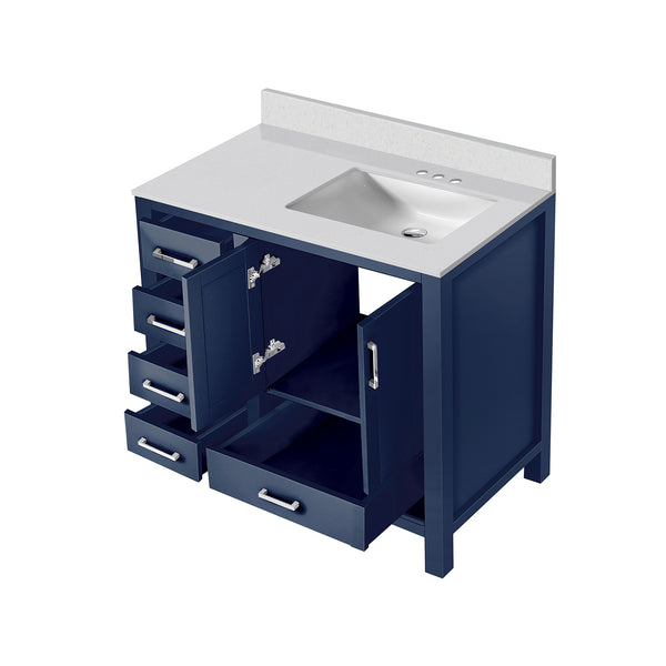 English Elm Navy Blue Bath Vanity 36" Wide With White Quartz Top, Soft-Close Drawers & Stylish Storage Solution B2731P258863