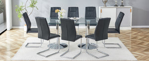 English Elm Table and Chair Set Tempered Glass Top Seats Eight with Pu Leather Dining Chairs Black,Silver,Transparent W1151S04549