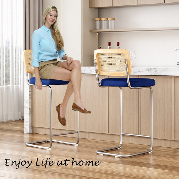 English Elm Counter Height Bar Stools Set Of 2 - Chic Royal Blue Velvet With Rattan Back For Modern Spaces T3623P360717