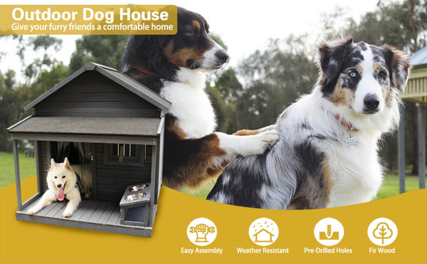 English Elm Large Breed Outdoor Doghouse Solid Fir Wood Covered Porch Weatherproof Asphalt Roof W1431S00005