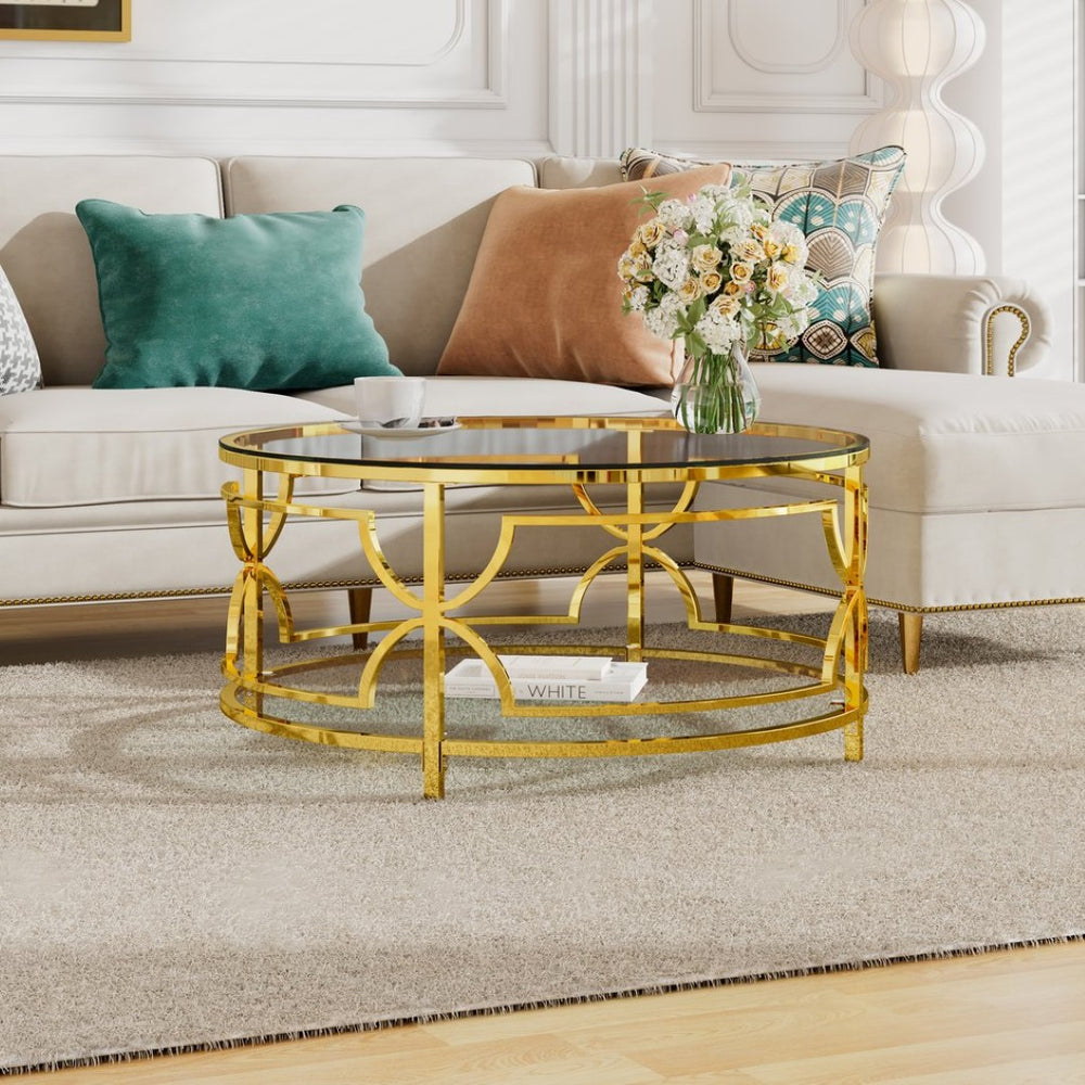 English Elm Round Tempered Glass Coffee Table with Gold Geometric Metal Base and Open Storage Shelf Transparent N735P396530K
