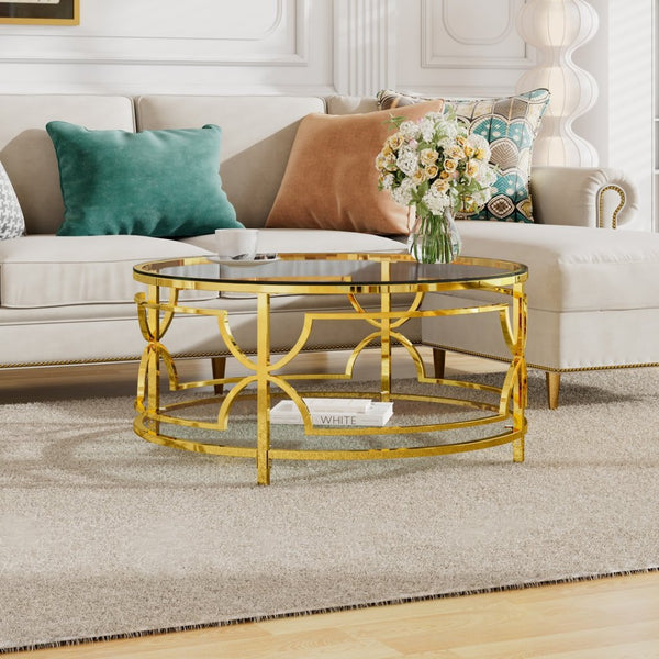 English Elm Round Tempered Glass Coffee Table with Gold Geometric Metal Base and Open Storage Shelf Transparent N735P396530K