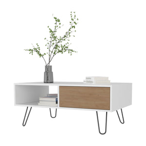 English Elm Gramling Modern Coffee Table with Drawer & Open Shelf, Hairpin Legs, White and Natural Oak Finish B128P263712