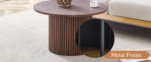 English Elm A modern circular coffee table Walnut 27.5" MDF top with cylindrical Roman legs, hidden storage, vintage flair W1151P270614