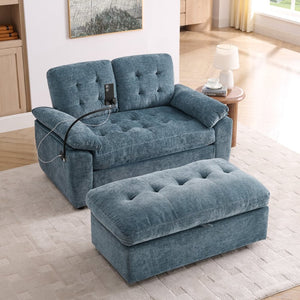 English Elm Leisure Chenille Two Seat Reclining Sofa with Usb Port Storage Ottoman Padded Armrests Blue W487S00516