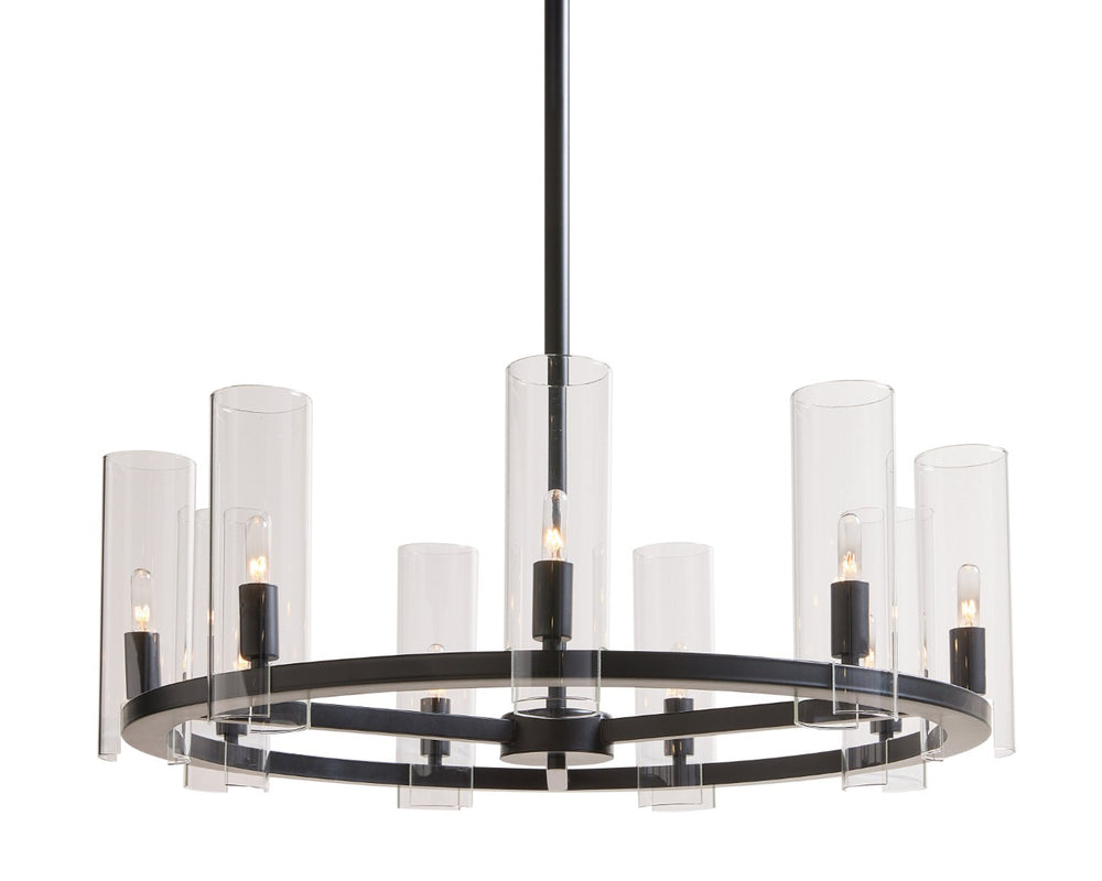 Sunpan CLARABELLE Chandelier - Elegant Black Metal Wheel Design with Clear Glass Shades for Warm Glow 107927