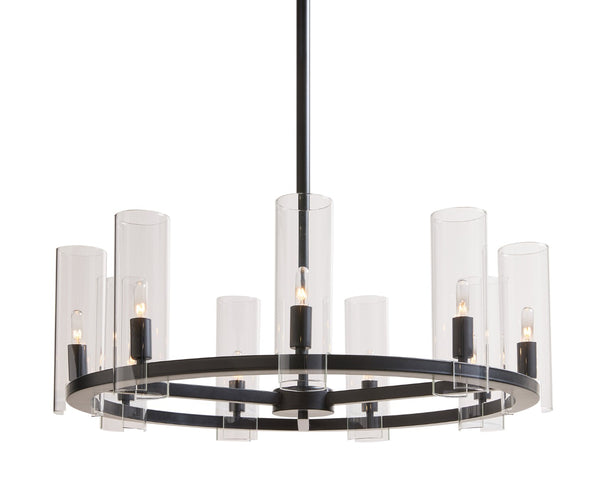 Sunpan CLARABELLE Chandelier - Elegant Black Metal Wheel Design with Clear Glass Shades for Warm Glow 107927