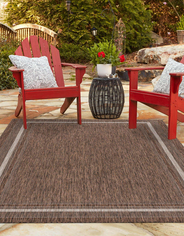 Unique Loom Outdoor Border Soft Border Machine Made Border Rug Brown, Ivory/Gray 8' 0" x 11' 4"