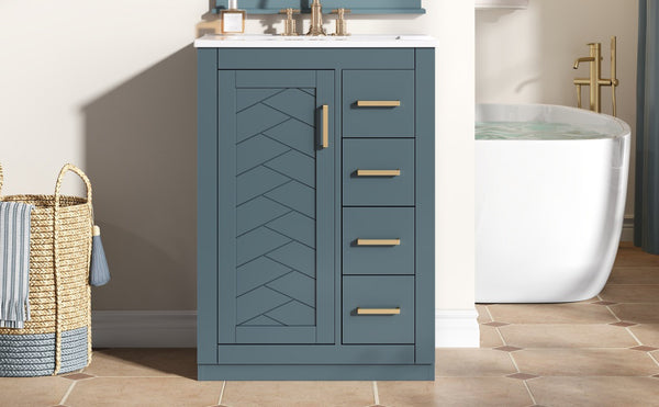 English Elm 24" Bathroom Vanity With Ceramic Sink - Stylish Blue Cabinet, Soft-Close Drawers & Modern Elegance N710P341038C