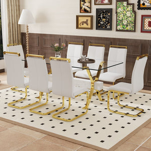 English Elm Table Elegant Transparent Glass Dining Set - 71"X35.4" With 8 White Pu Chairs & Golden Legs W1151S02360-GIGA