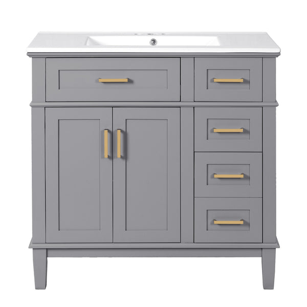 English Elm 36" Gray Modern Bathroom Vanity with Ceramic Sink, Solid Wood Frame, Soft-Close Doors & 4 Drawers N729P253935E