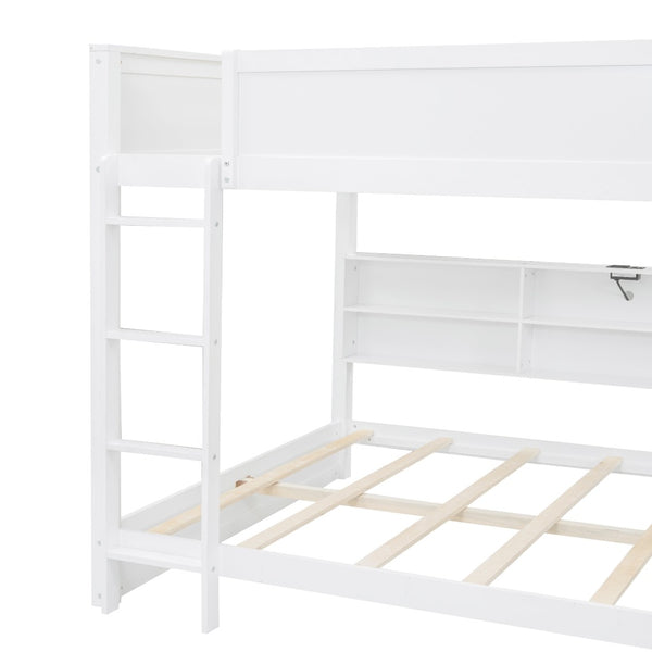 English Elm Queen Over Bunk Bed Solid Pine Cabin Frame with Storage and Usb Charging White GX000399AAK